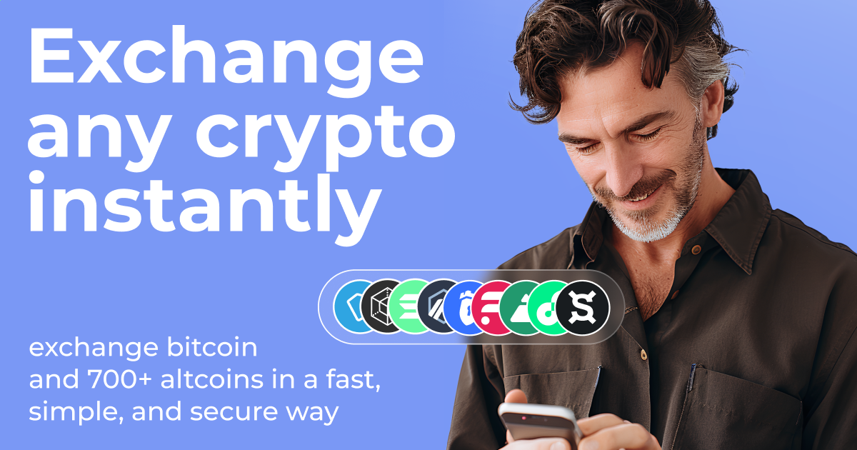 Man using smartphone beside cryptocurrency exchange promotional text